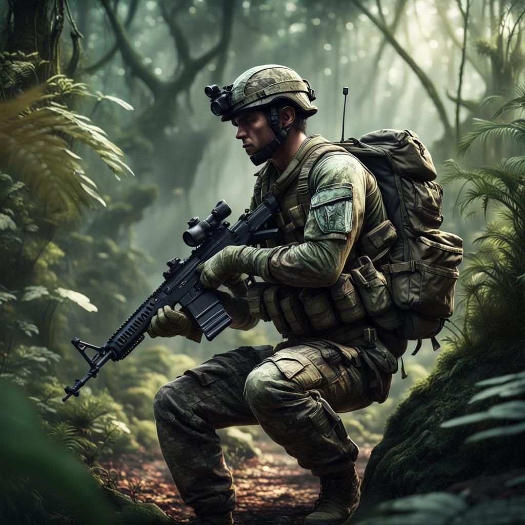 Army Ranger Crouching in Jungle, Detailed Matte Painting