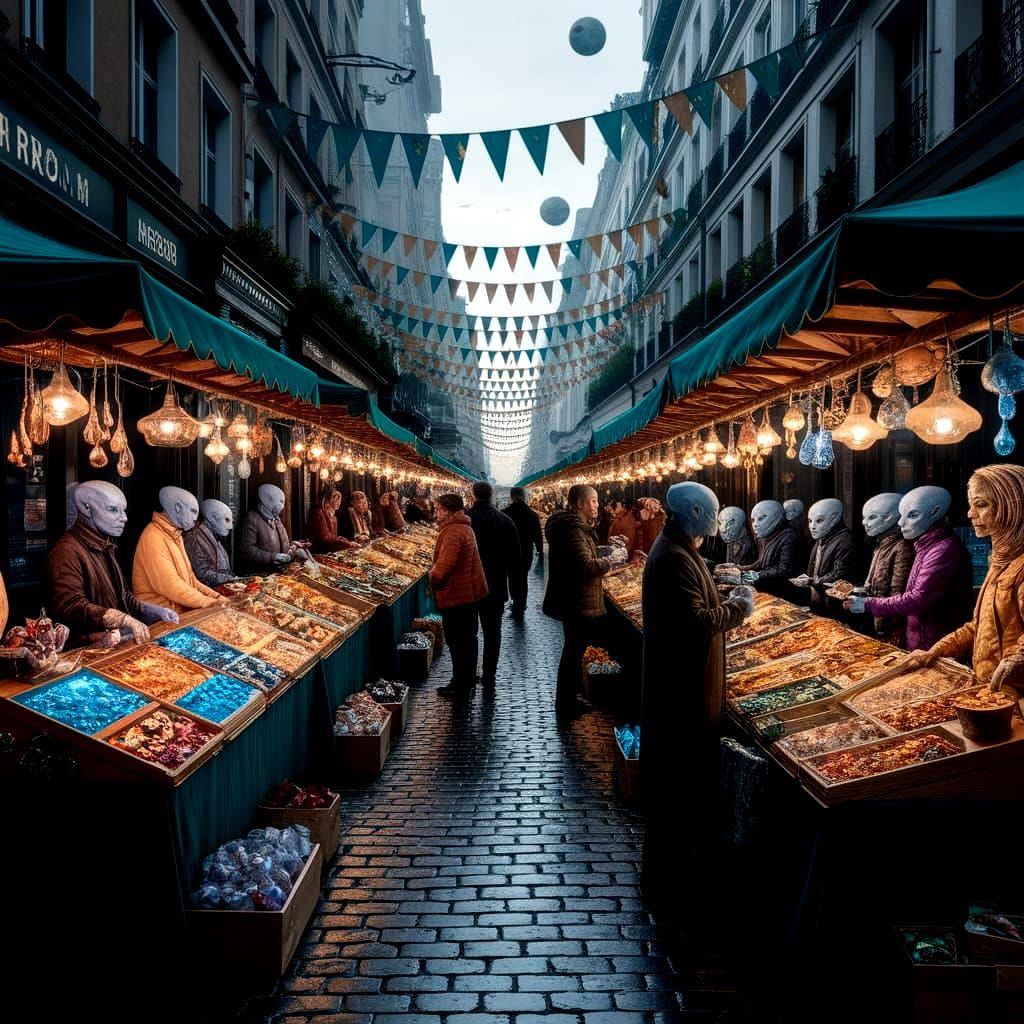 Alien Market on Earth Street: Photorealistic Style