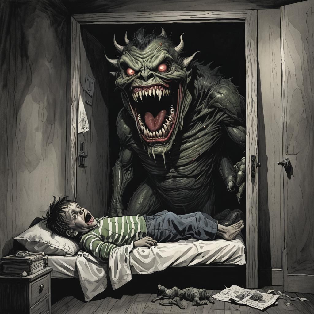 Sinister Monster in Closet Peeking at Child