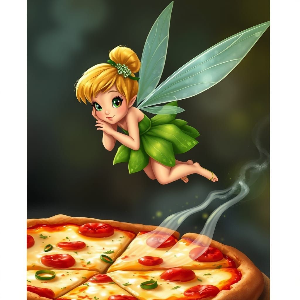 Whimsical Fairy Swoons Over Pizza in Dreamlike Illustration