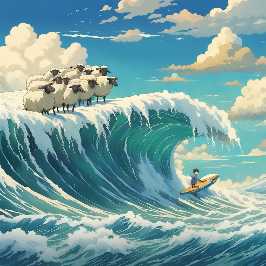 Sheep Surfing Giant Wave in Ghibli Anime Style
