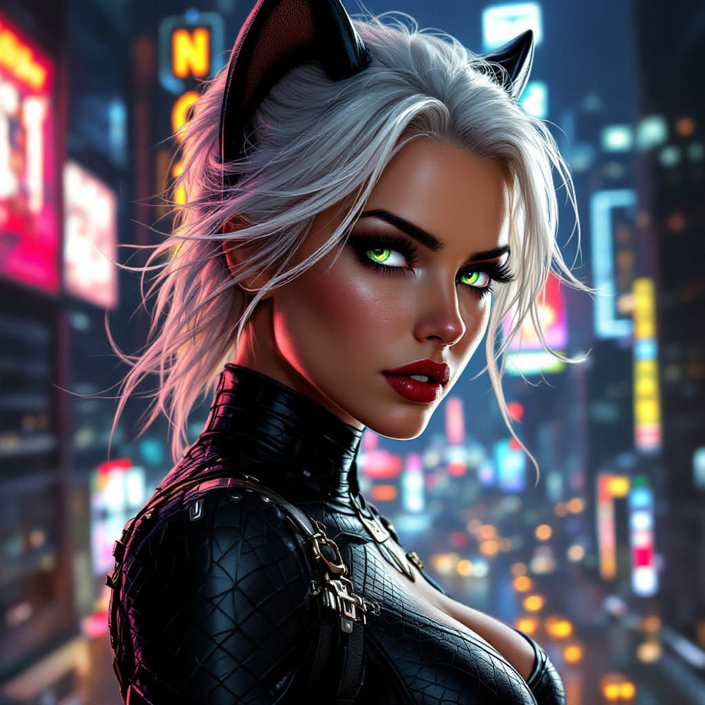 Hyperrealistic Black Cat in Dynamic Cityscape