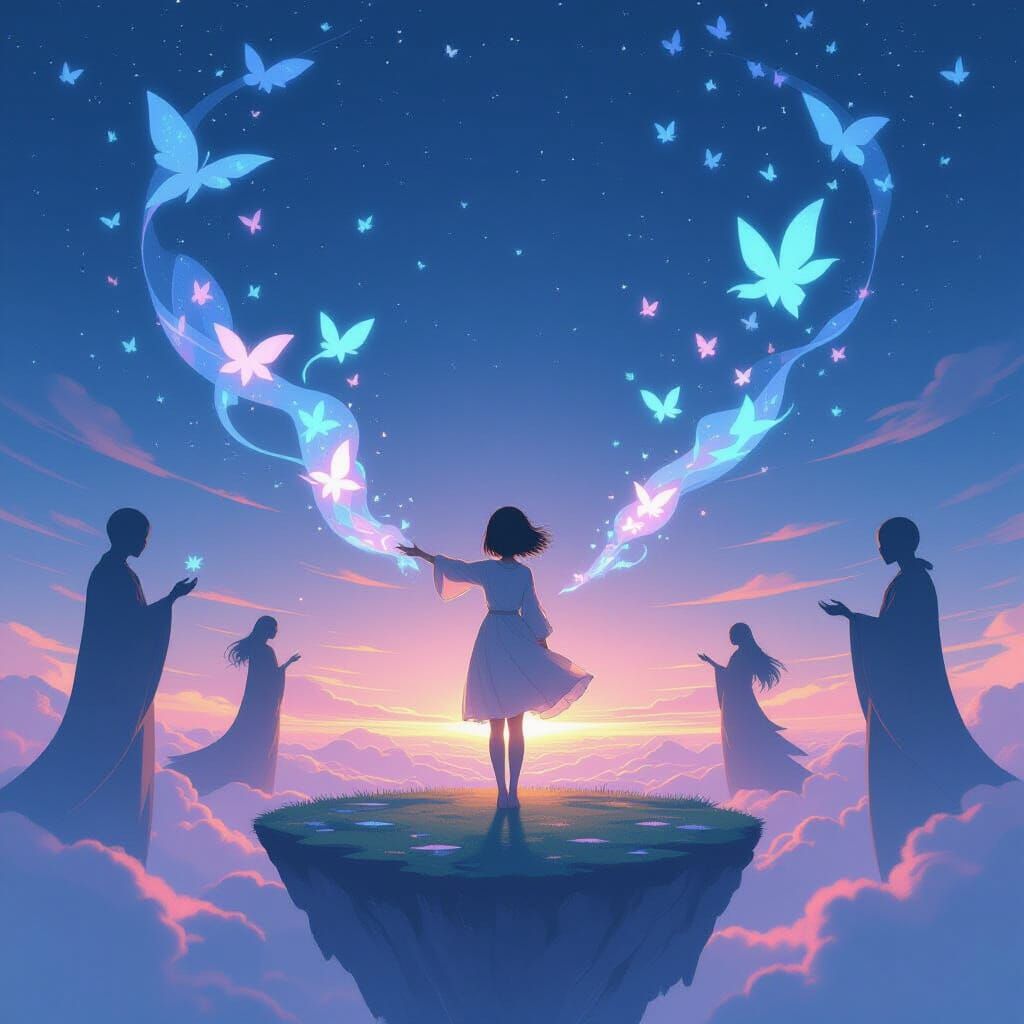 Anime Girl on Floating Island Whispering Secrets in Symbols