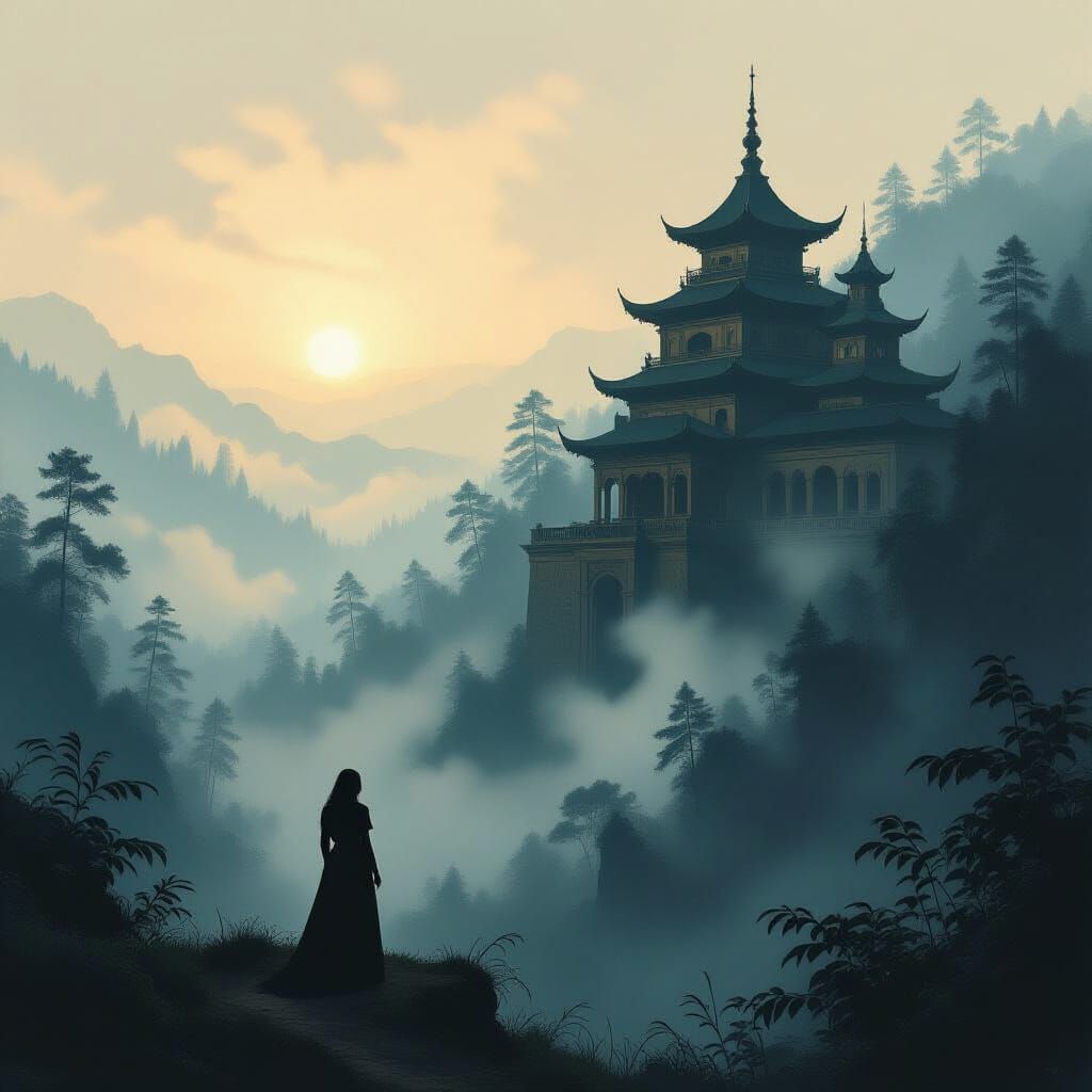 Woman at Misty Forest Edge with Ancient Steampunk Building