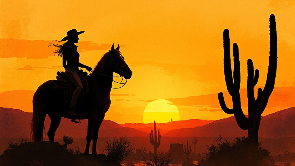Cowgirl Silhouette in Desert Sunset, Watercolor Art