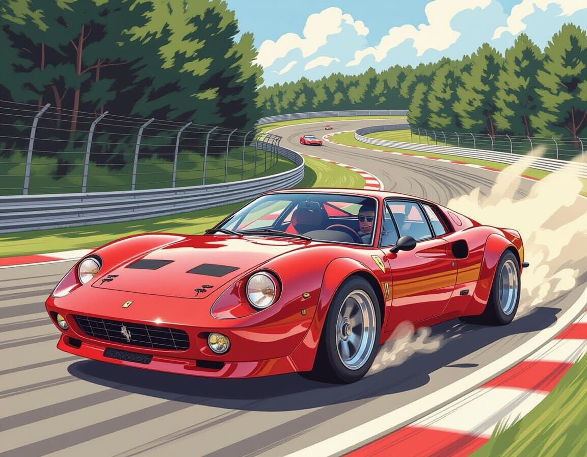 Italian Sports Car Races in Retro Comic Art Style
