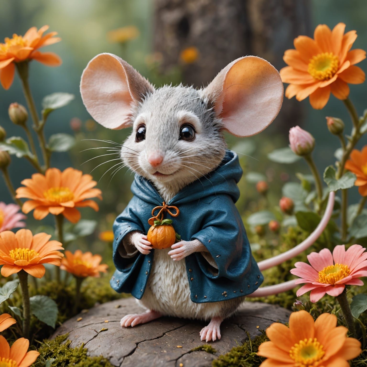 Mouse in Cloak on Flower in Enchanted Forest