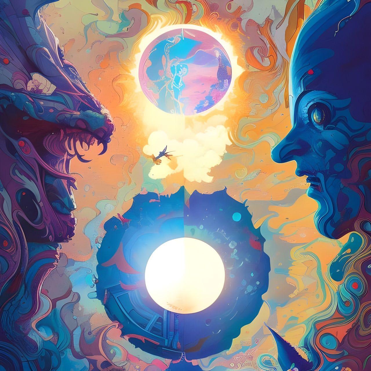Surreal Sun and Moon Gouache Illustration