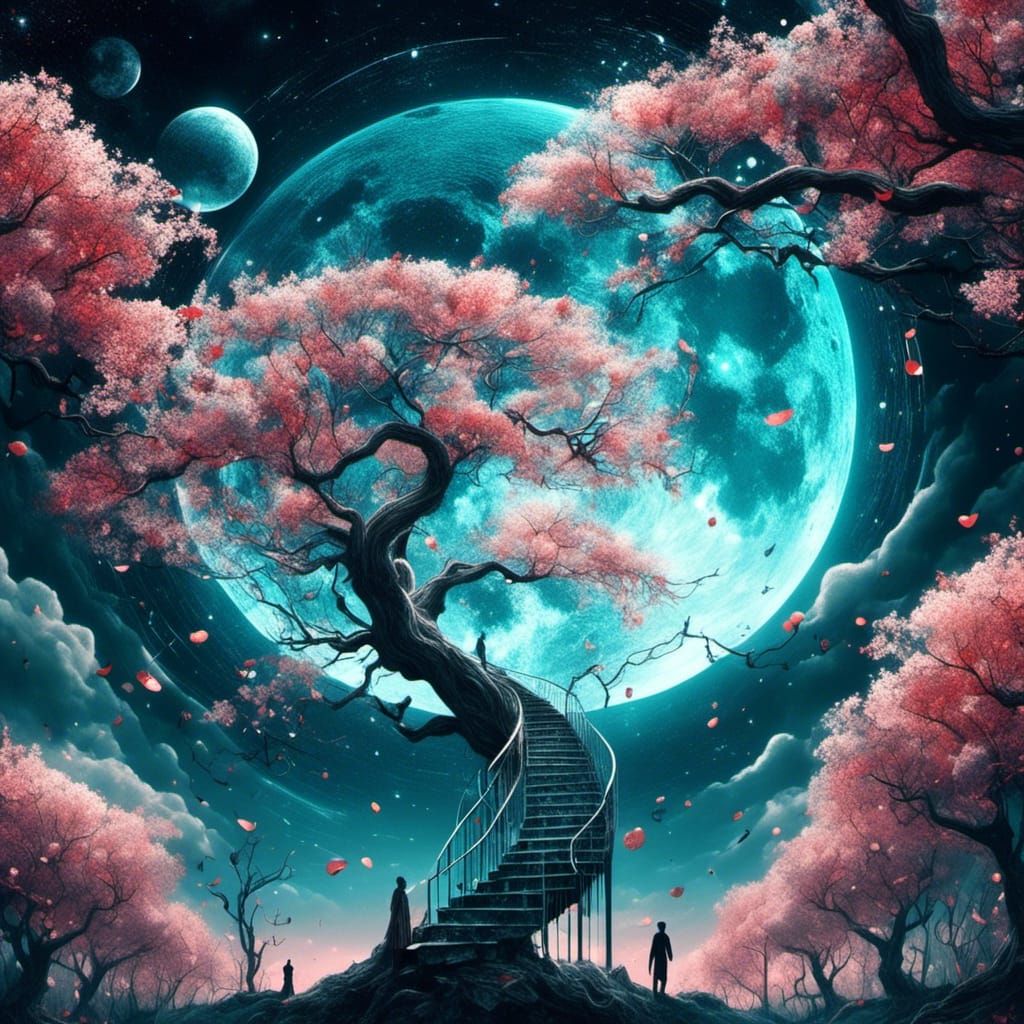 Cherry Blossom Tree with Blood Orange Moon in Cosmic Art