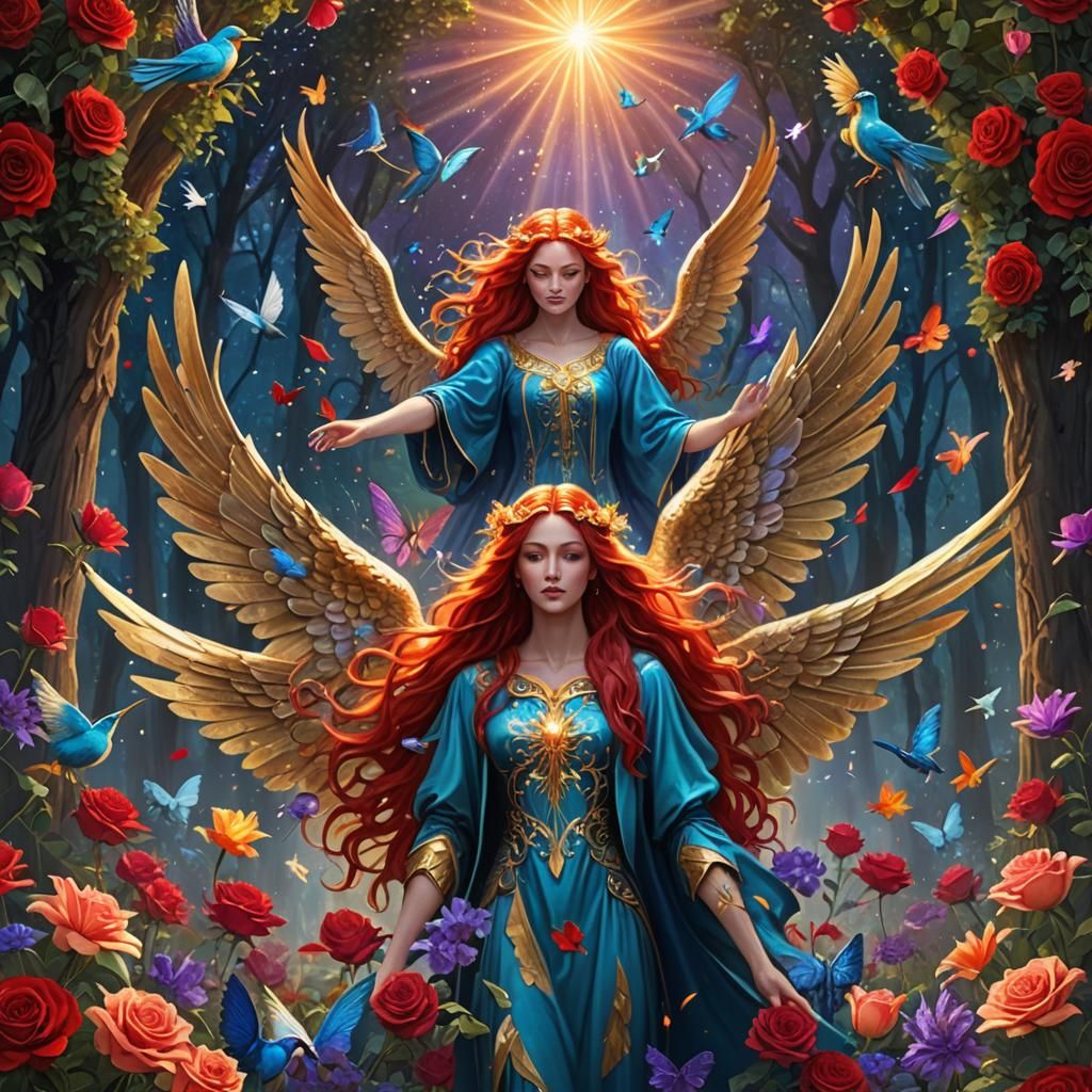 Radiant Angel with Gold Wings in Floral Forest