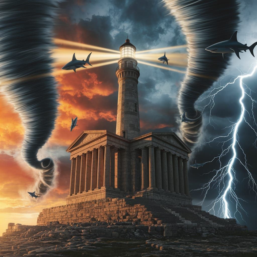 Colossal Lighthouse on Rhodes Amidst Sharknado Sunset