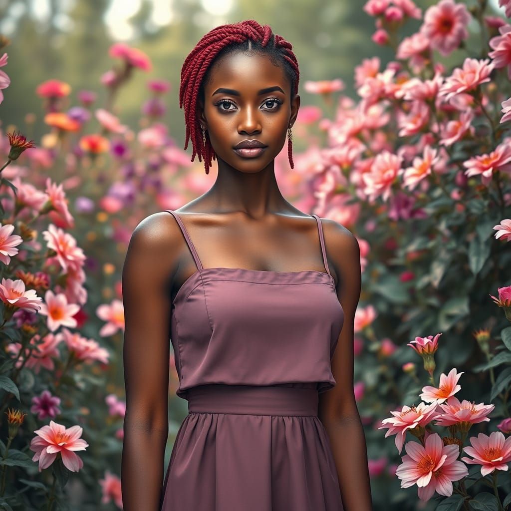 Nigerian Albino Woman in Floral Garden, Whimsical Realism