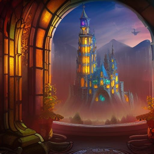 Fantastical Stained Glass Castle in Detailed Digital Art