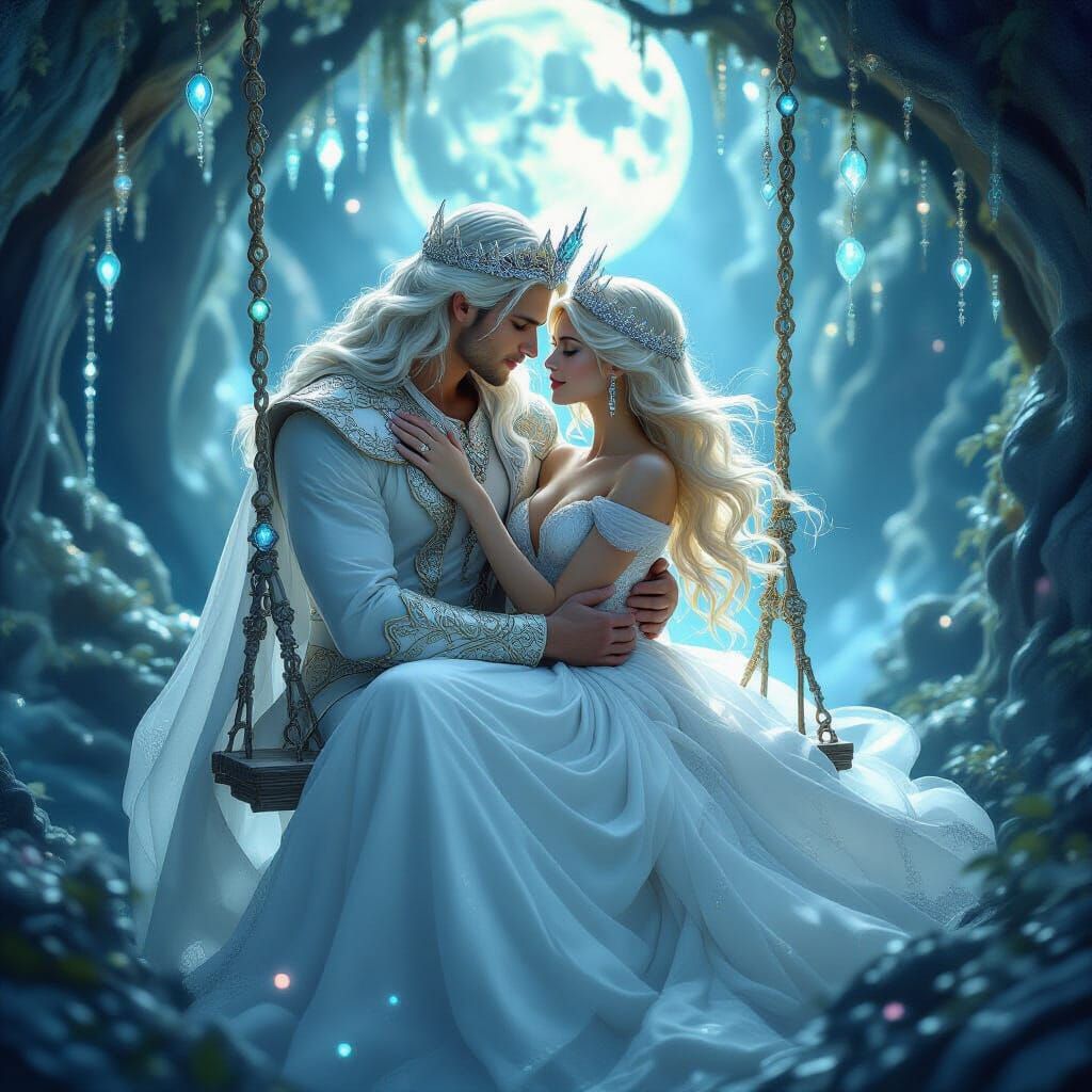 Magical King Embraces Woman in Crystal Realm