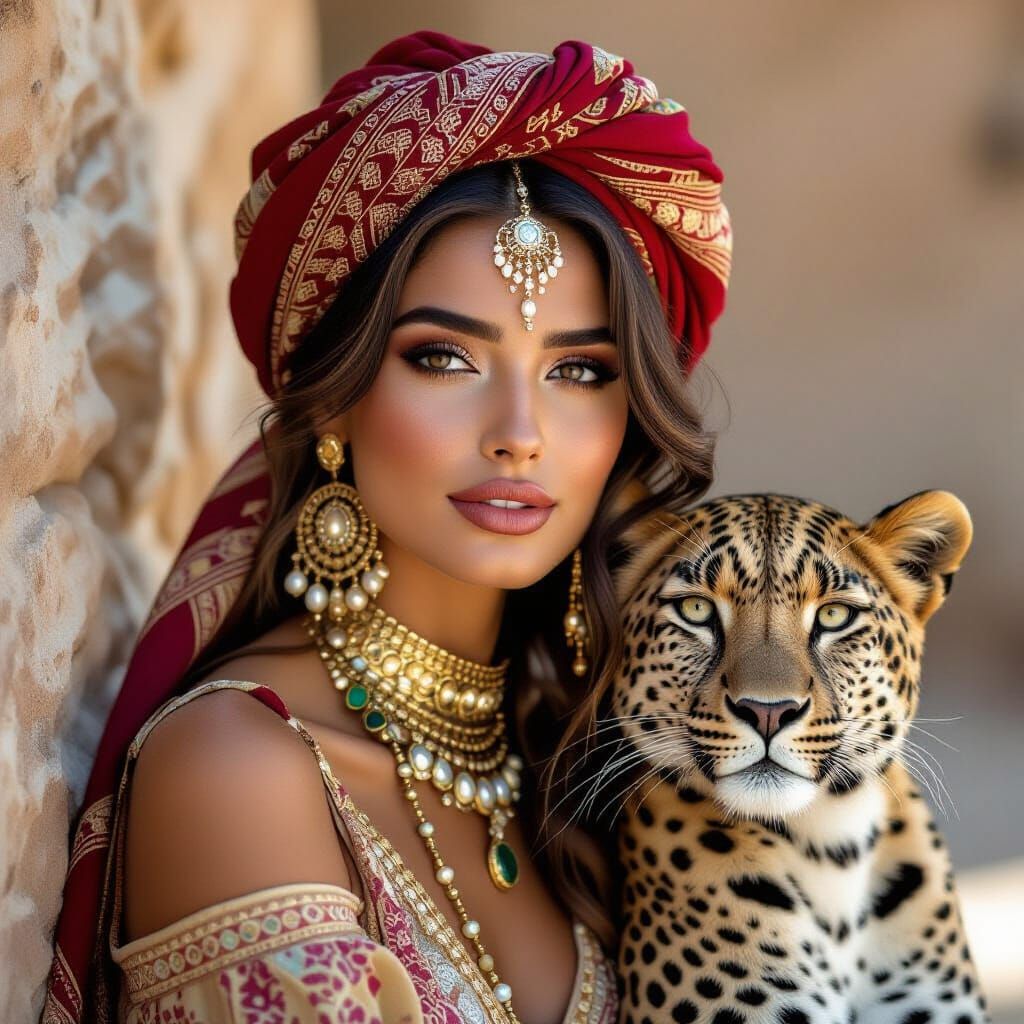 Arab Woman with Leopard in Digital Painting