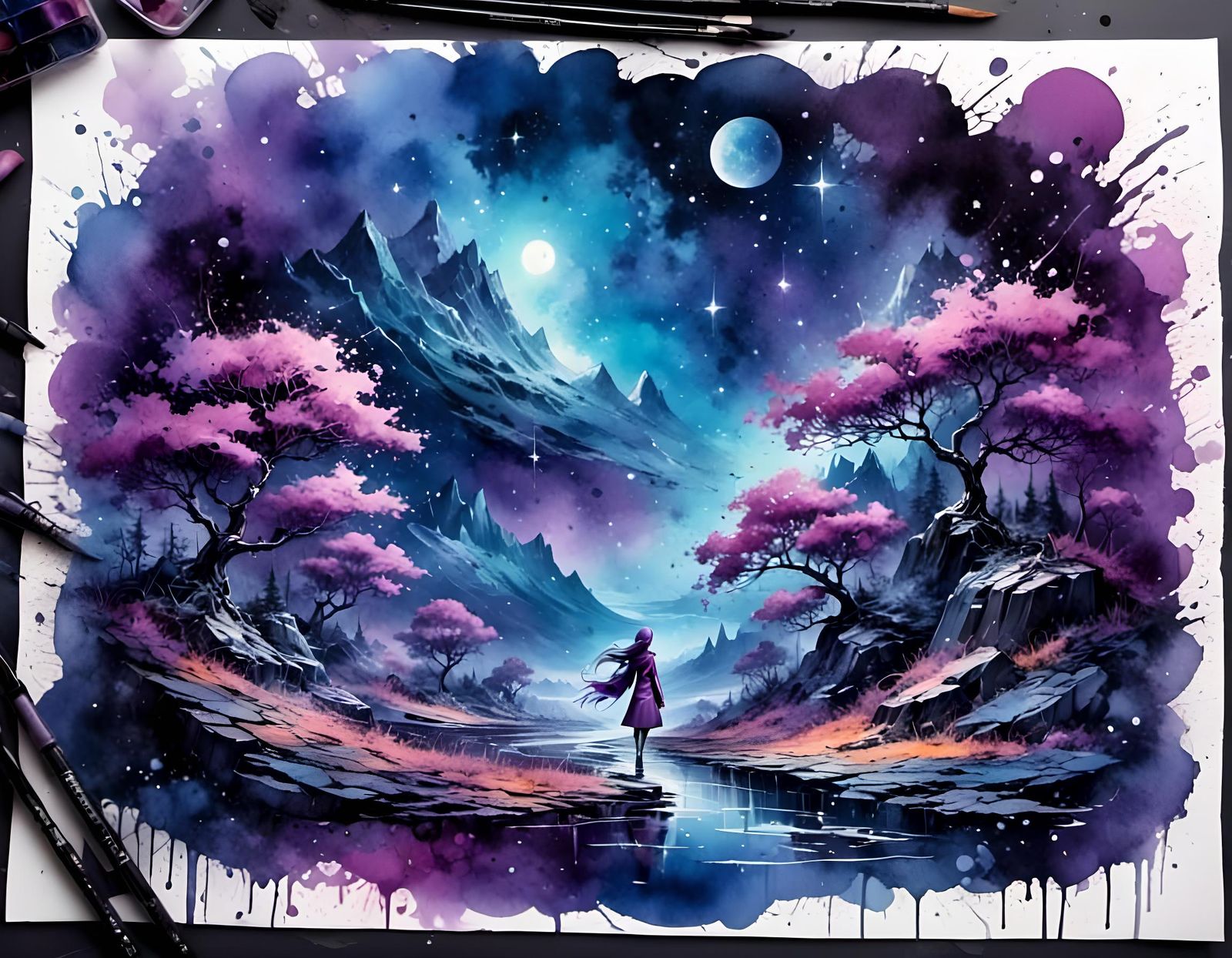 Watercolor Galactic Landscape with Shooting Stars