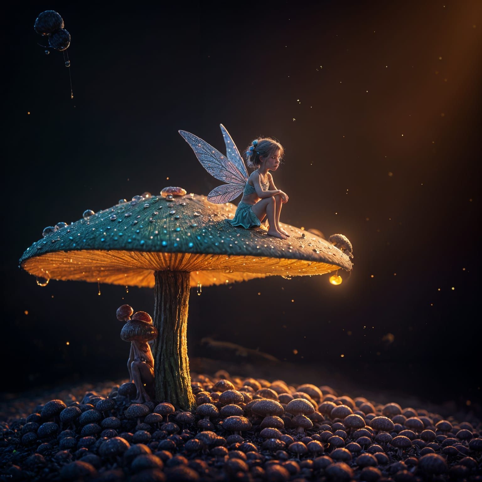 Fairy on Mushroom Reflected in Sunset Dew: Macro Photograph