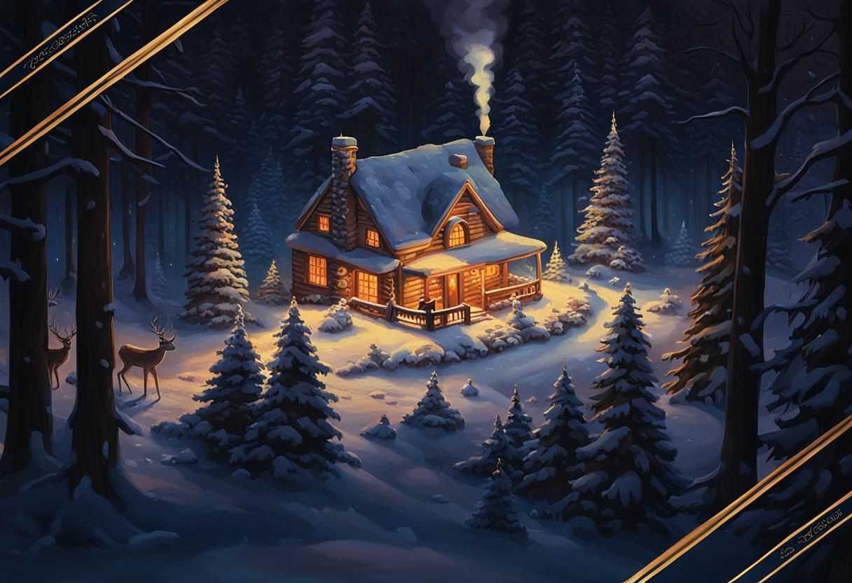 Cozy Winter Cabin in Snowy Forest, Kinkade Style
