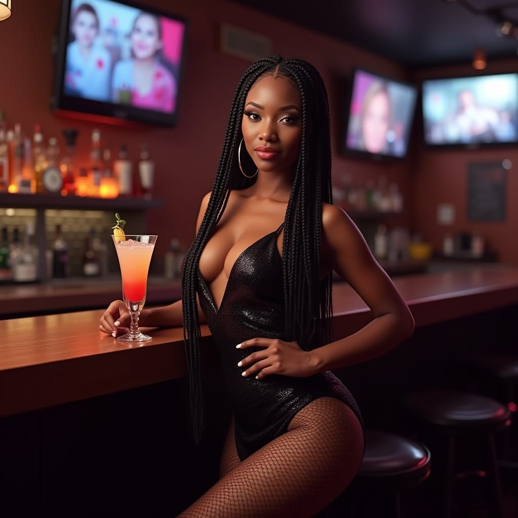 Athletic Black Woman in Cocktail Dress at Nightclub