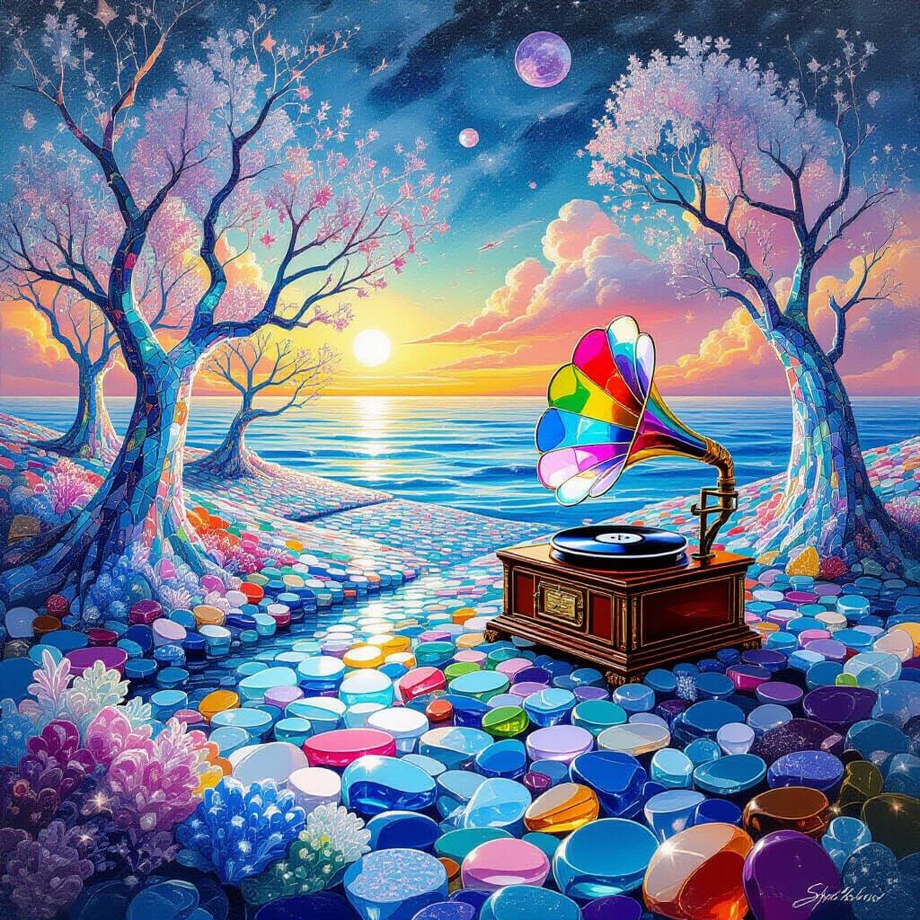 Surreal Sea Glass Landscape with Crystalline Trees and Synth...