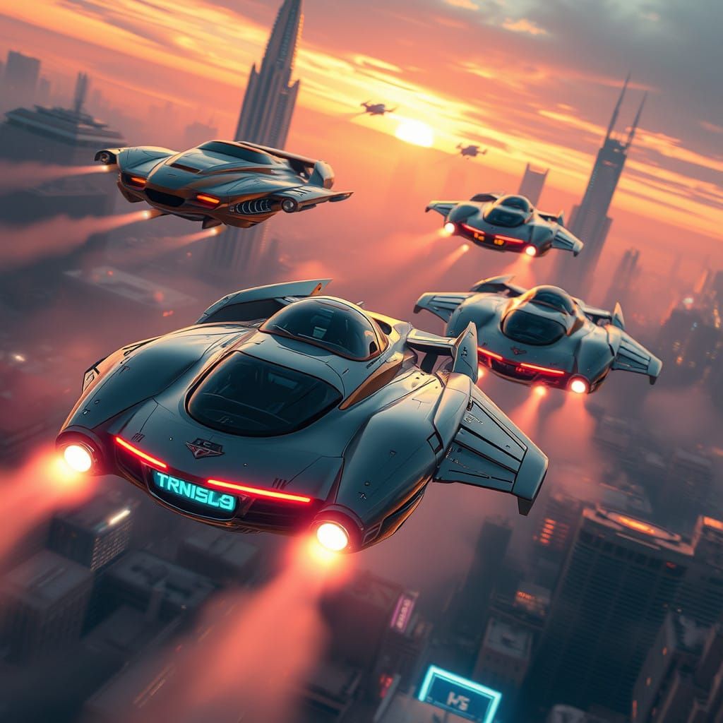 Sleek Flying Cars Soar Through Futuristic City in Sunset Glo...