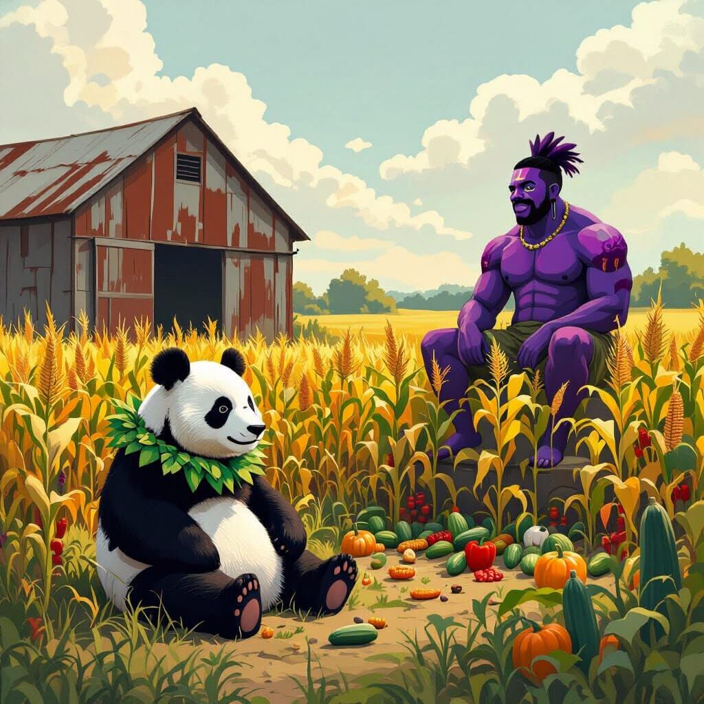 Panda in Field with Giant, Art Nouveau Style