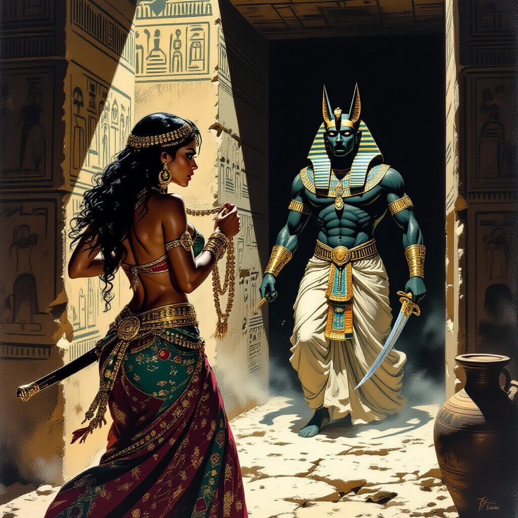 Persian Warrior Flees Mummy in Egyptian Crypt Pulp Art