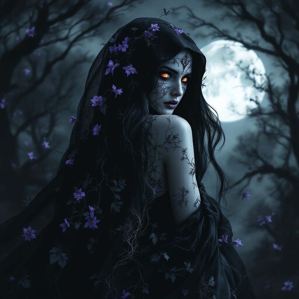 Mysterious Woman in Nightshade Veil, Gothic Art