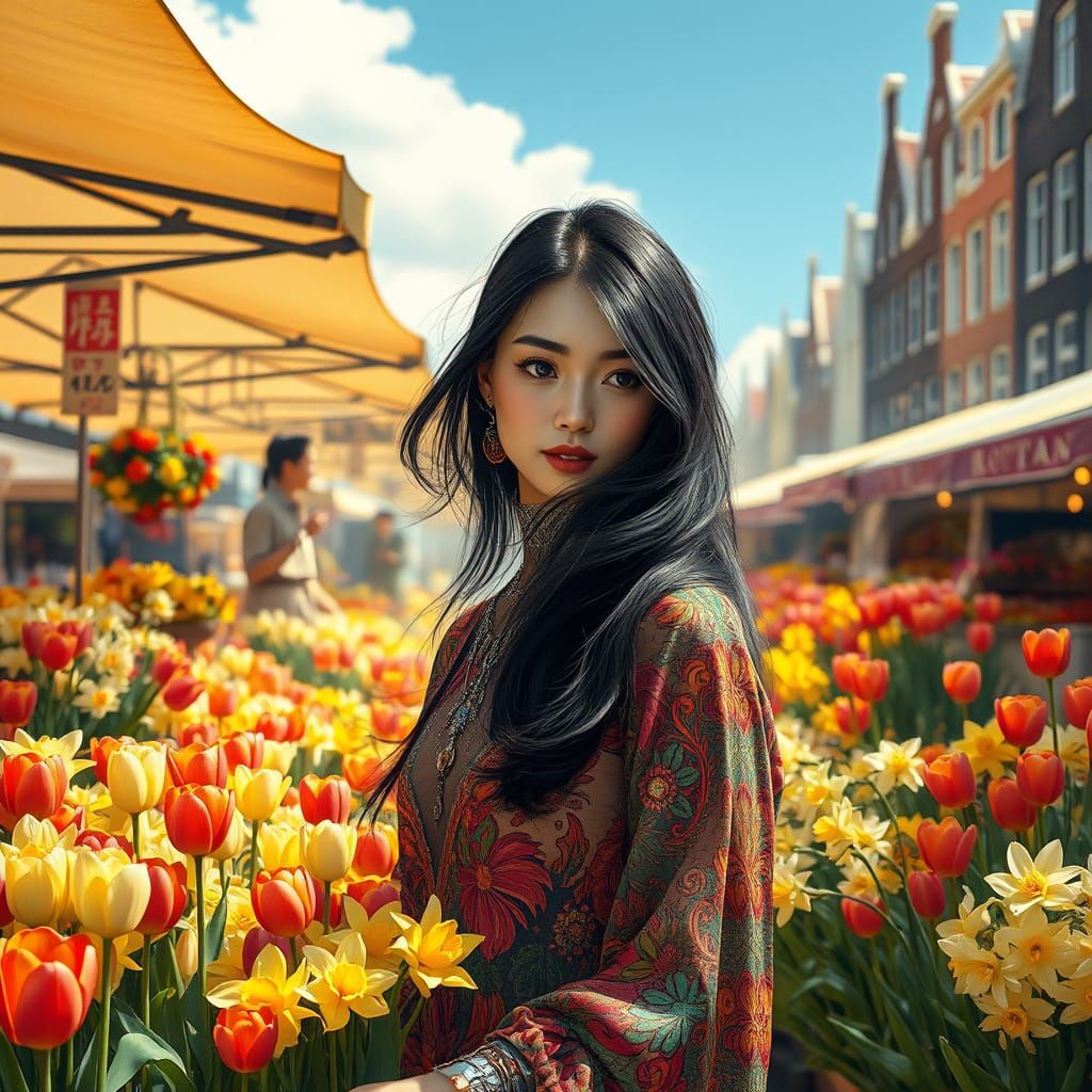 Amsterdam Flower Market with Woman, Hyperrealistic Digital A...