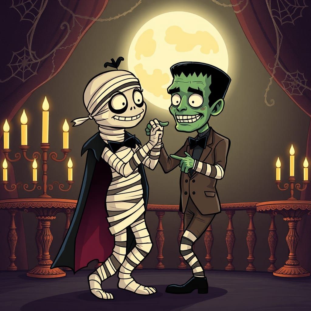 Mummy and Frankenstein Monster Prom Dance, Cartoon Style