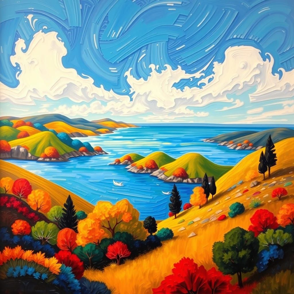 Bold Modernist Landscape Painting of Coastal Serenity