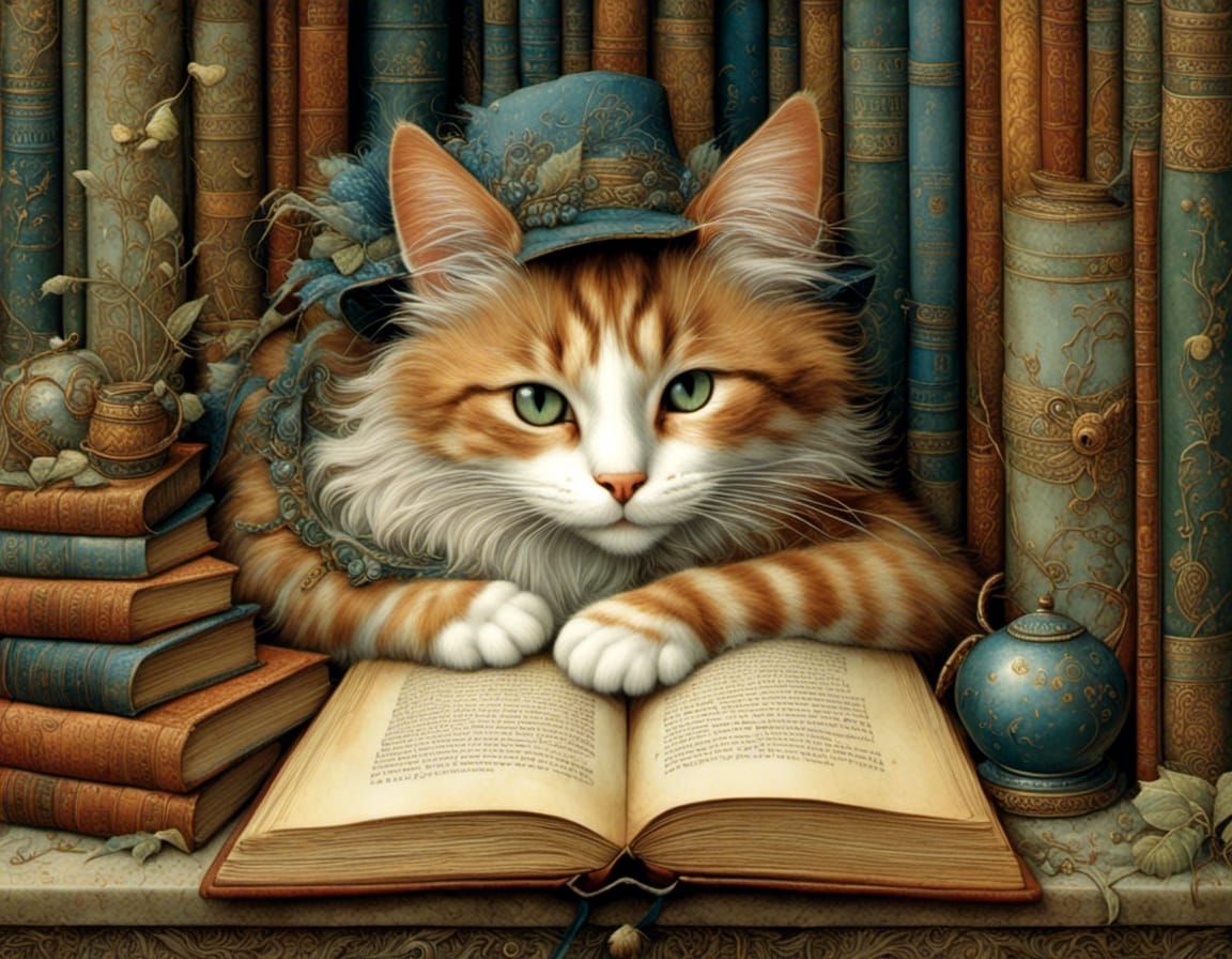 Cute Cat Sleeping Between Ancient Books