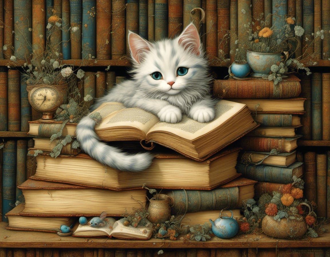 Cat Nap Among Ancient Books in Whimsical Style
