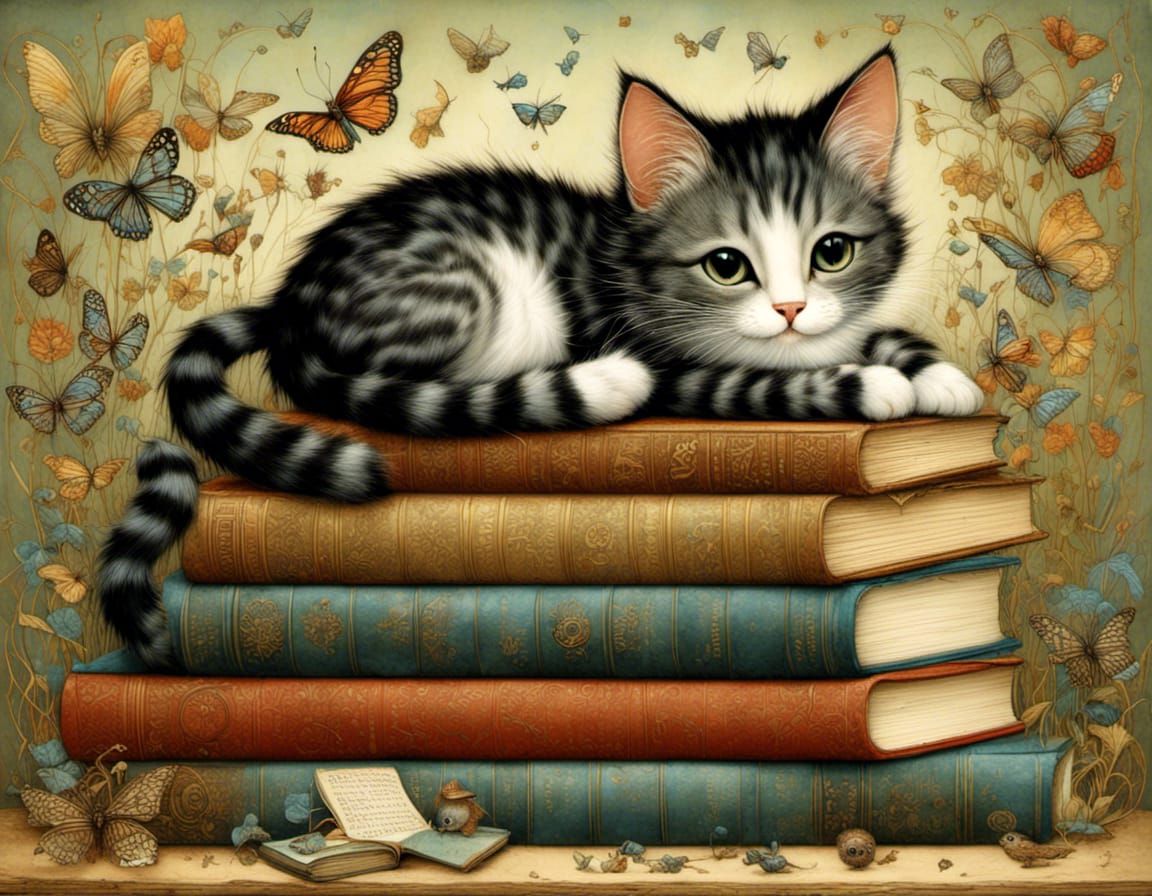Whimsical Cat in a Vintage Library Setting