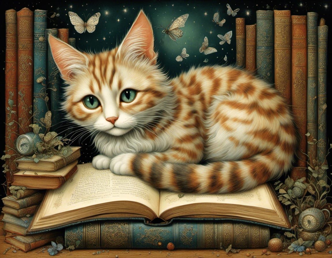 Whimsical Feline Amidst Ancient Tomes