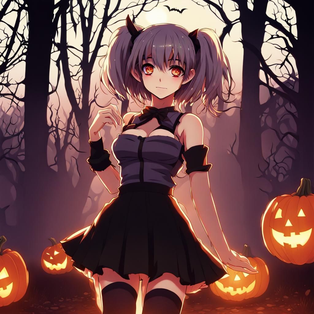 Anime Halloween Girl in Shonen Style with Holographic Textur...
