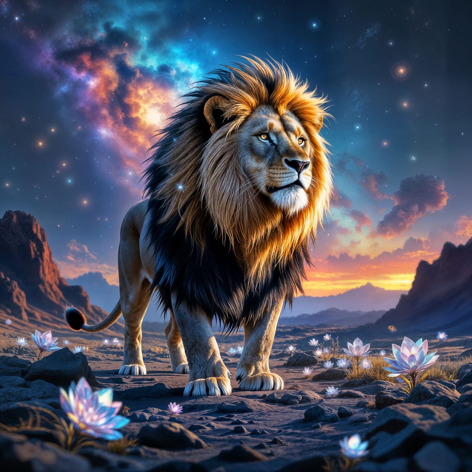 Cosmic Lion on a Rocky Planet: Digital Art