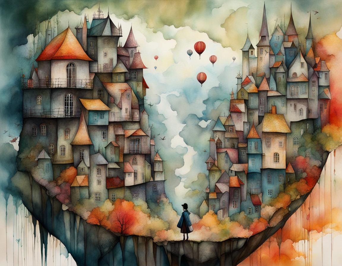 Dreamlike Cityscape Illustration in Cubist Style