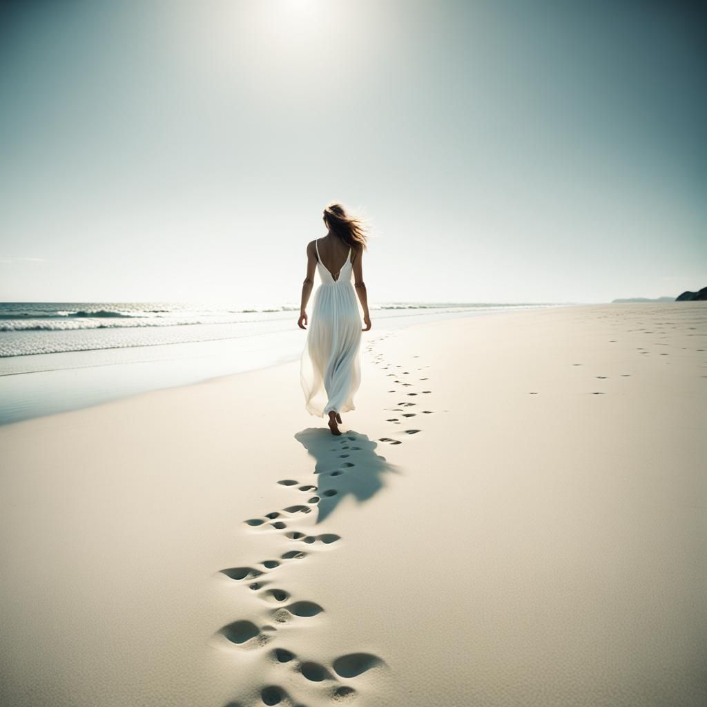 Woman in White Dress Walking on Beach