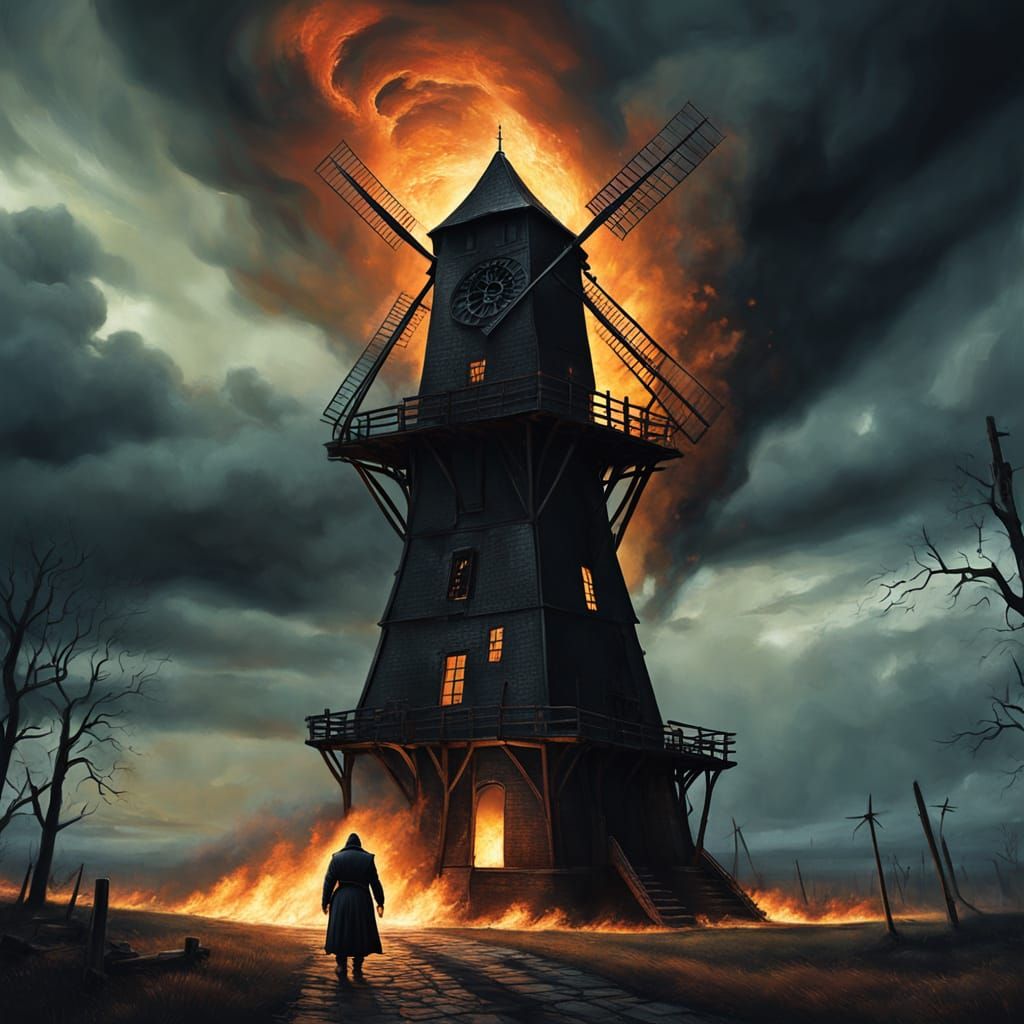 Gothic Frankenstein Leaps from Burning Windmill in Dark Fant...