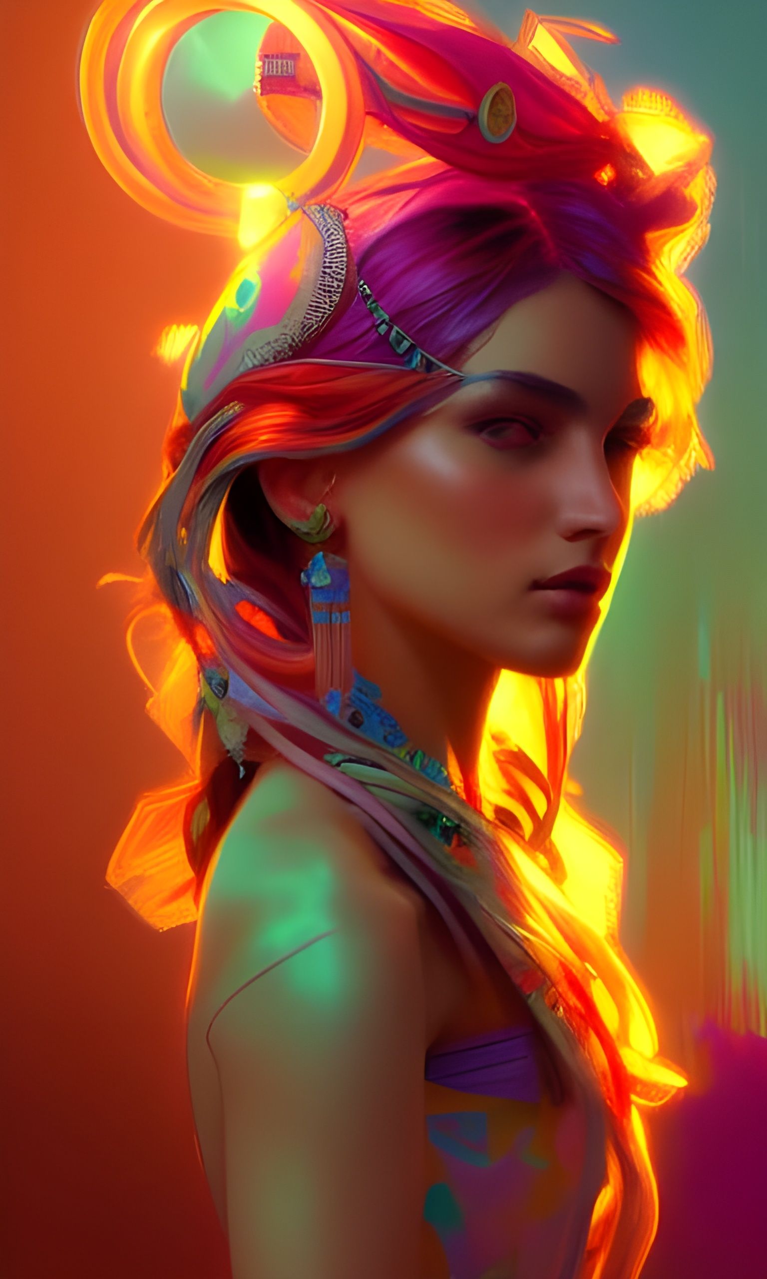 Neon Gypsy Portrait in Hyperdetailed Splash Art Style