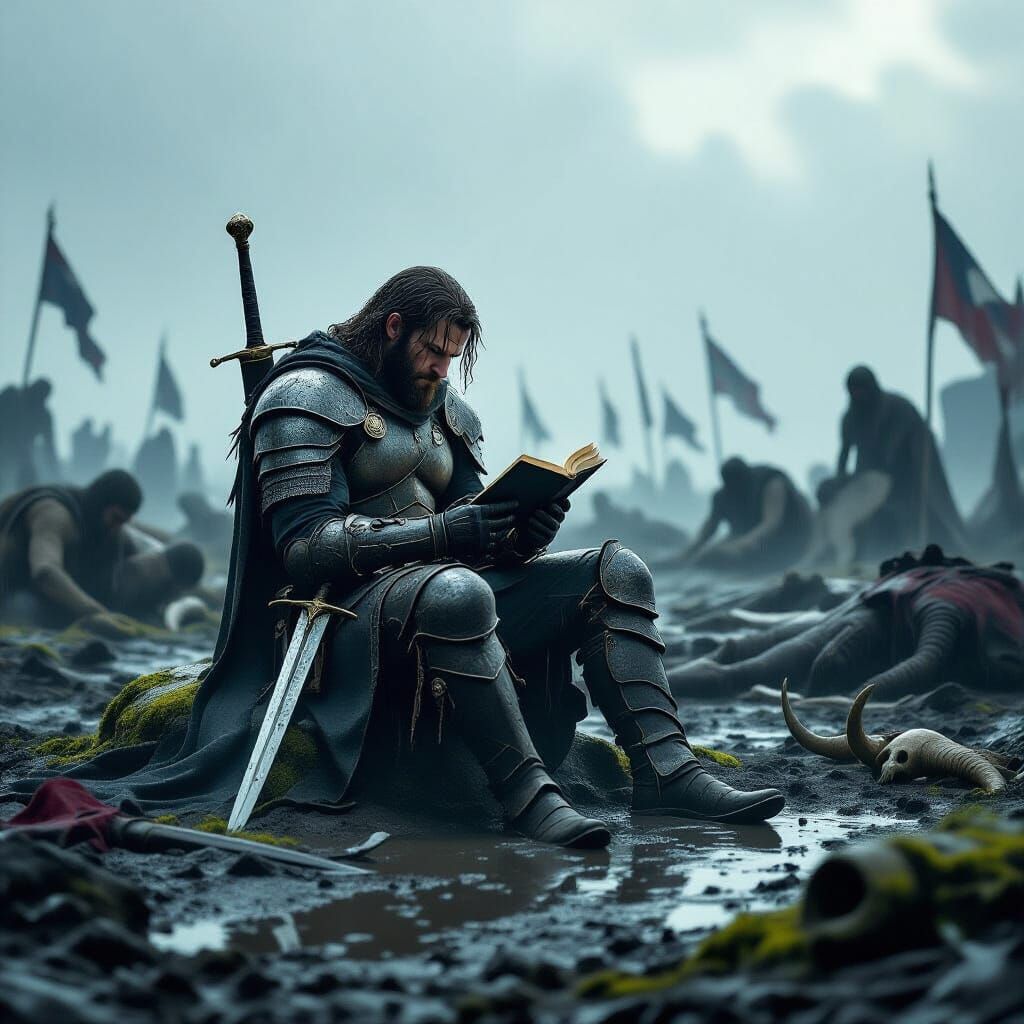Warrior Reads Book on Muddy Battlefield