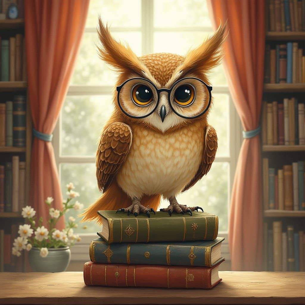 Whimsical Owl in Library Watercolor Painting