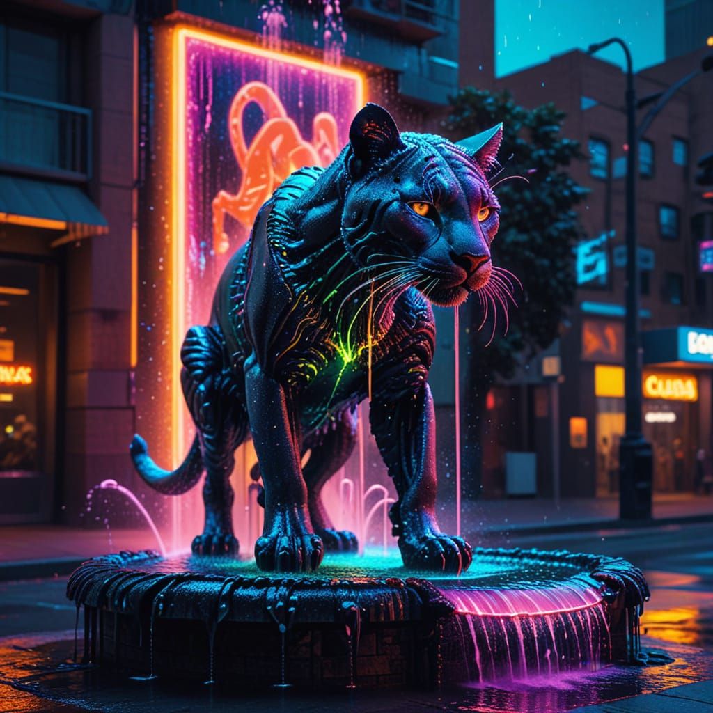 Cyberpunk Puma Fountain with Cascading Neon Lights