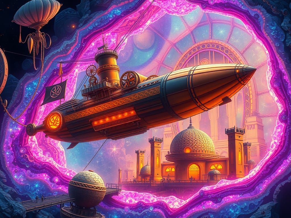 Steampunk Airship Docks in Fluorescent Crystal City