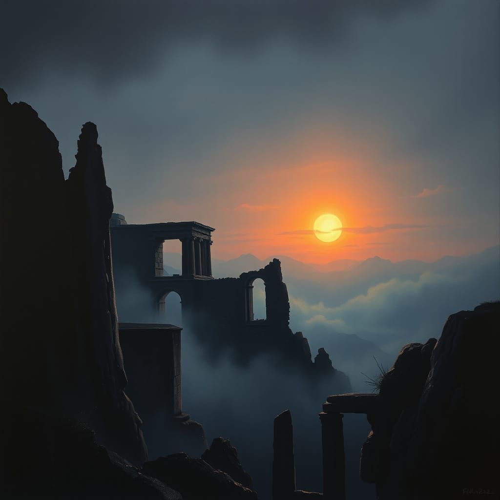Ethereal Twilight Landscape: Chiaroscuro Oil Painting of Anc...