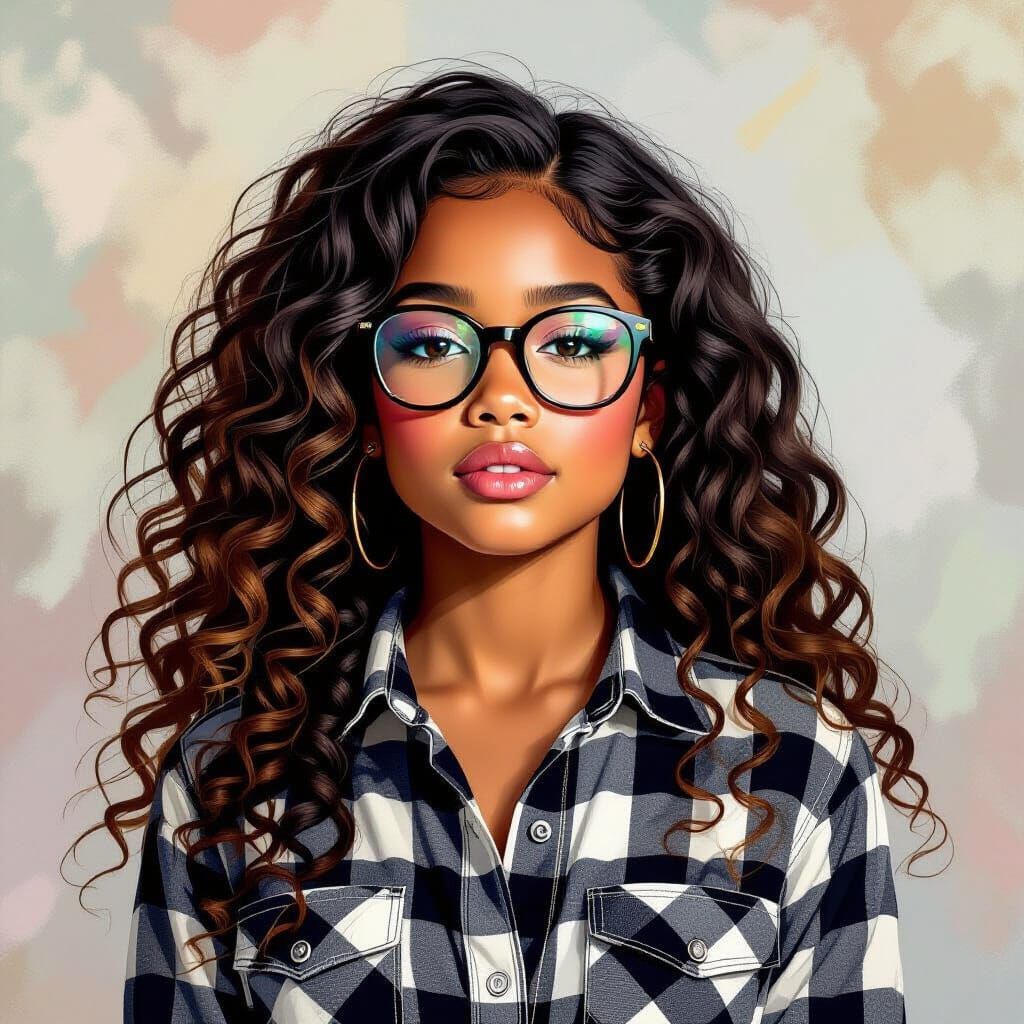 Vibrant Portrait of Girl in Flannel, Expressive Brushstrokes