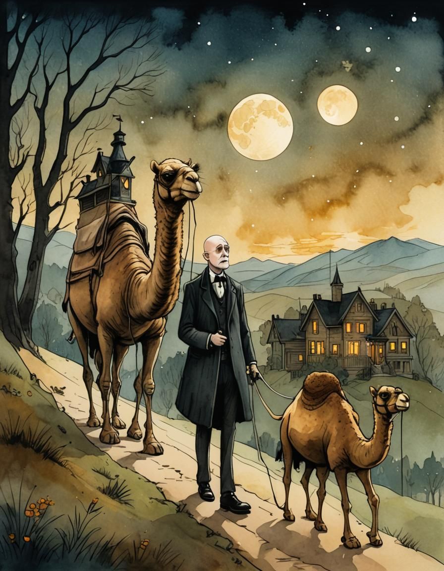 Wednesday Addams Leads a Camel: Dark Whimsical Illustration