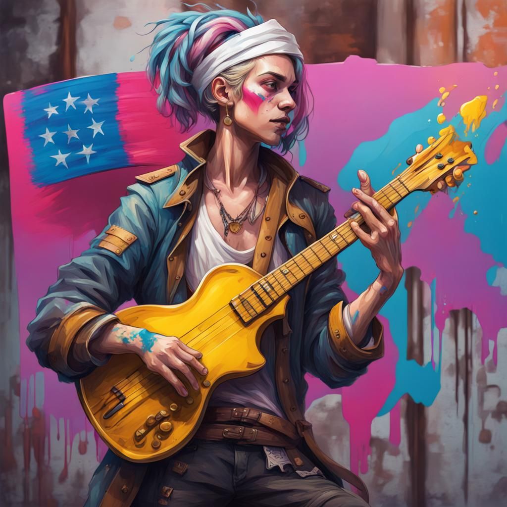 Androgynous Bard with Non-Binary Flag Graffiti Art