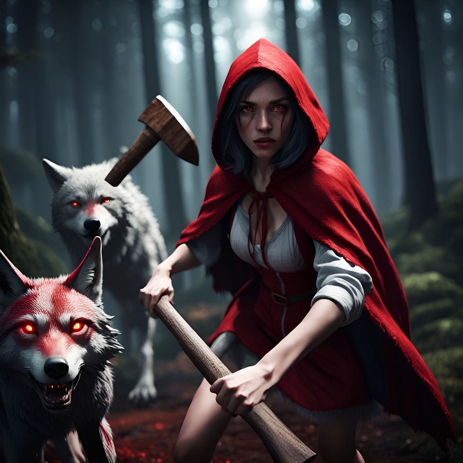 Red Riding Hood Chasing Wolf in Dark Forest